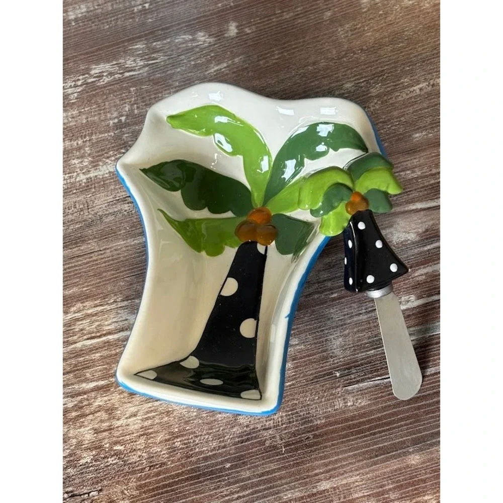 Vintage Mainstreet Collection Hand Painted‎ Palm Tree Cheese Server Set